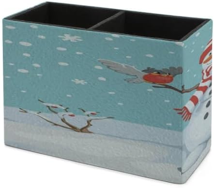 PU Leather Multi-Compartment Pen Holder Desktop Organizer Pencil Cup Storage Caddy for Office Home Supplies Winter Time Snow Silhouette with Bird Branches Happy Christmas - Image 7