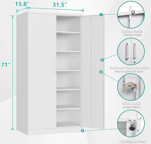 SISESOL Metal Storage Storage Cabinet with 5 Adjustable Shelves,White Metal Cabinet with Locking Doors,Steel Pantry Cabinet with Lock,71" Lockable Storage Cabinet for Home,Office,Garage,Kitchen,Shop - Image 3