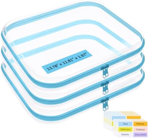 3 Pack Extra Large Clear Hard Shell Zipper Case with Labels, Teal by OrgEase