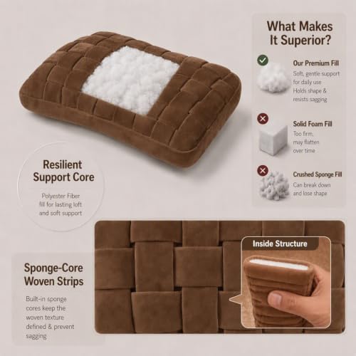 Lumbar Pillow Decorative Throw Pillow, Soft Velvet with Sponge-Filled 3D Woven Strips, Hand-Woven & High-Density Polyester Fiberfill Core, for Couch Bed Accent Chair Home Office(Brown) - Image 3
