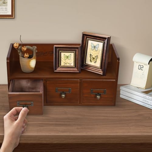Desk Organizer Box Wooden 2/3-Layer Walnut Color Stackable Desktop Drawer Organizer with 3/6 Drawers Vintage Tabletop Storage Cabinet for Makeup, Letter, Home Office Supplies (3-Drawers) - Image 2