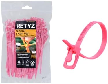 RETYZ 6-Inch Fluorescent Pink Reusable Releasable Cable Ties – 100 Pack, 50 lb Strength, Patented Quick-Release, Tool-Free Design for Home, Office, and Light Industrial Use by RETYZ