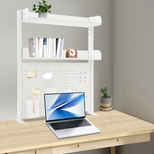 Pegboard Clamp-On Desk Bookshelf, White Desk Organizer Shelf with Adjustable Shelf & Hooks - 44 lbs Capacity, Modern Pegboard Table Display Stand for Office Home Gaming Children's Room, Easy Assemble - Image 4