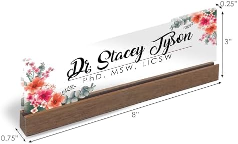 Artblox Personalized Office Desk Name Plate and Business Card Holder | Clear Acrylic Glass with Teak Wood Stand | Mixed Flowers Design Customized with Your Name and Credentials Office Desk Decor - Image 3