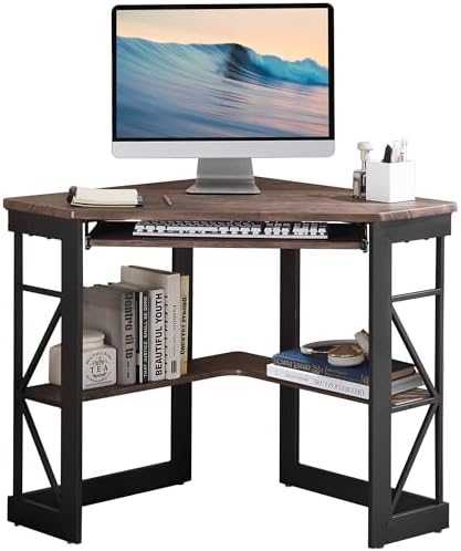 VECELO Corner Computer Desk 41 x 30 inches with Smooth Keyboard & Storage Shelves for Home Office Workstation,Rustic Brown by VECELO