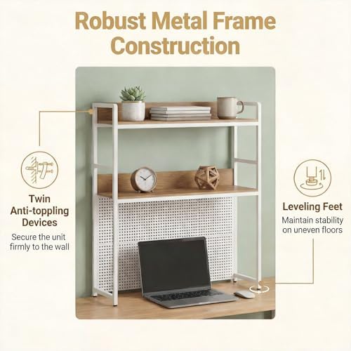 Desk Hutch, 37" Desktop Bookshelf with Pegboard, Countertop Storage Hutch for Computer Monitor, 2-Tier Desk Display Rack, Desktop Organizer Shelf for Dorm Home Office (White+Natural) - Image 4