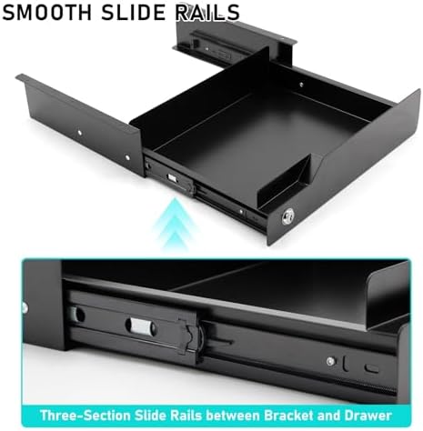 Under Desk Drawer Storage with Lock, Metal Undermount Table Drawer, Ball Bearing Slides Out Tray Organizer for Paper, Pencil, and Laptop 16"x11.8"x3.6", Black - Image 4
