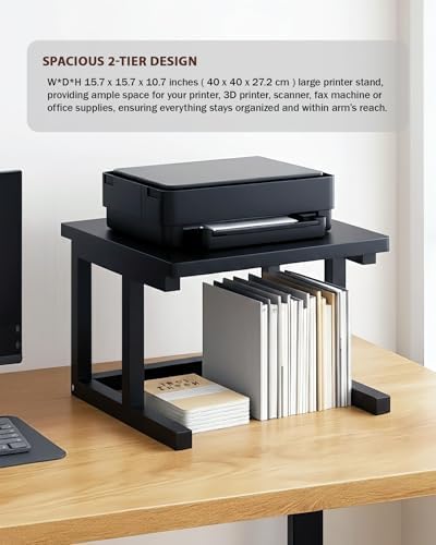 Desktop Printer Stand, 15.7″x 15.7″ 2-Tier Large Printer Shelf fit 3D Laser Printer/Scanner/Fax Machine, Industrial Storage Rack for Home Office Storage, Black P4040-B - Image 2