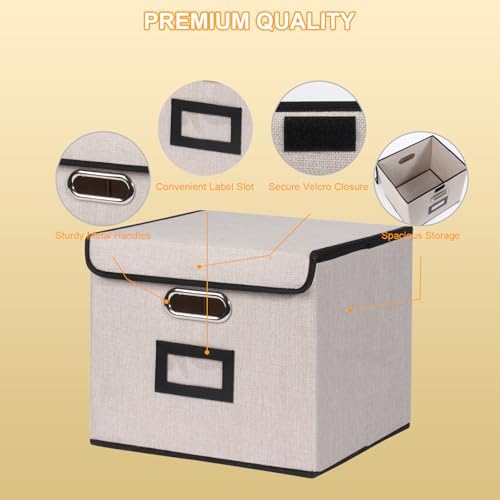 Large Square Storage Bin with Lid, Foldable Organizer Box with Handles & Label Design, for Office, Closet, Home, Documents, Grey, 12.20 x 10.63 x 10.63 Inches, 4 Pack - Image 4