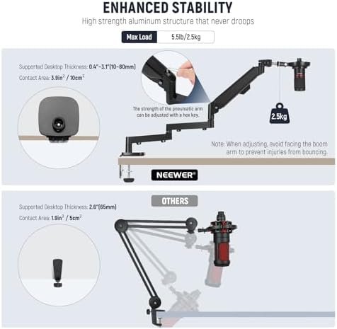 NEEWER Low Profile Mic Arm Desk Mount, 360° Swivel Boom Arm with Pneumatic Damping Adjustable, Cable Management, Compatible with Shure MV7 SM7B Blue Yeti Gaming Streaming Podcast Microphone, MS002 - Image 5
