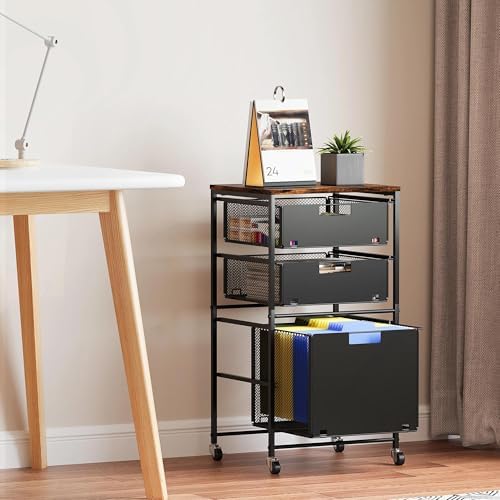 EasyPAG Rolling Storage Cart with 3 Drawers, Under Desk File Cabinet on Lockable Wheels, Movable Letter Size Hanging File Folder Organizer with Wooden Printer Stand for Home Office, Black - Image 7