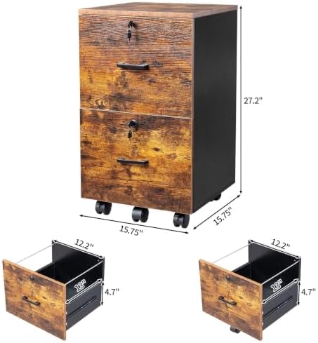 VINGLI 2-Drawer Small Rolling File Cabinet with Lock, Wood Filing Cabinet for Hanging Letter Size Filings with Tabs, Mobile Under Desk File Cabinets for Home Office, Rustic Brown, 27.2" H - Image 3