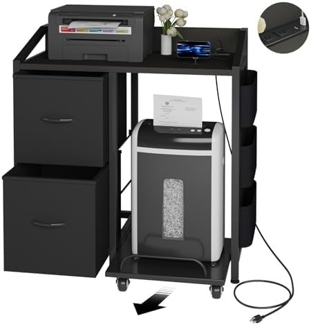 Printer Stand with Storage, Lateral Office Filing Cabinets with Power outlets & USB Charging Port, File Cabinet with Large Printer Stands for Home Office, Shredder Stand Rack (Black) by Unknown