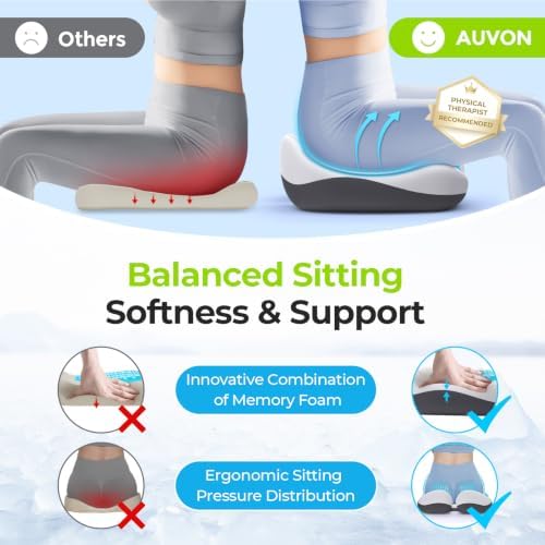 AUVON Gel Seat Cushion, Triple-Layer Core for Cool & Pressure-Free Sitting, Cooling Gel Office Chair Cushion, Ergonomic Dual-Density Memory Foam for Hemorrhoid, Sciatica, Tailbone Pain Relief - Image 5