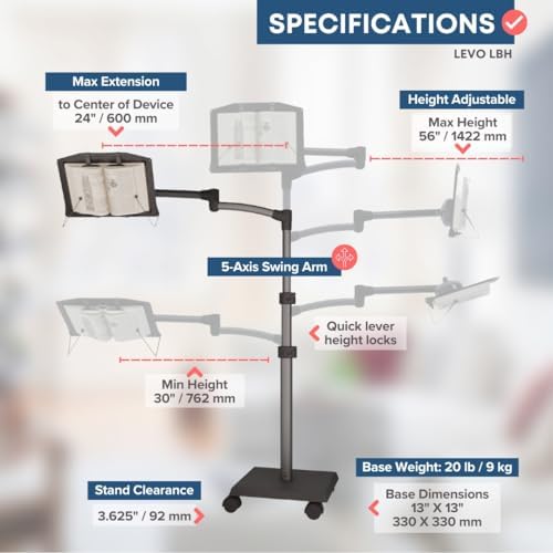 LEVO G2 Adjustable Book Floor Stand, Hands-Free Reading Holder with Wheels - Image 5
