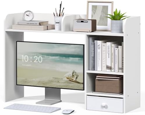 LAND·VOI Desktop Bookshelf with Drawer, Desk Hutch with 4 Storage Shelves for Computer Desk, Desk Shelf for Home Office Dorm, Dressing Tabletop, Bar Countertop, White by LAND%C2%B7VOI