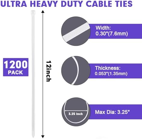 Zip Ties, RAZCC 1200pcs White Cable Zip Ties 12 Inch, Heavy Duty Plastic Wire Ties with 100lb Tensile Strength, Self-Locking White Nylon Tie Wraps for Indoor and Outdoor - Image 2