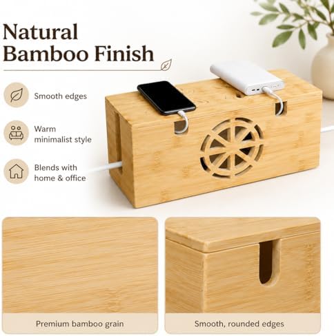 Bamboo Extra Large Cable Management Box, 15.7 x 6.7 x 6.7in - Image 7