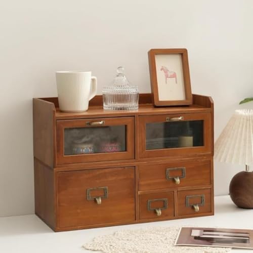 Desktop Organizer with 6 Drawers, Vintage Brown Desk Storage, Tabletop Drawer Cabinet with Acrylic Door, Wood Supplies Organizer for Living Room Office by Unknown