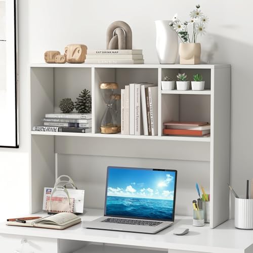BECOMFORT Desk Hutch, Desk Organizer Shelf with 4 Storage Compartments, Wooden Display Rack, Desktop Bookshelf for Vanity Dressing Tabletop College Dorm Home & Office - Image 2