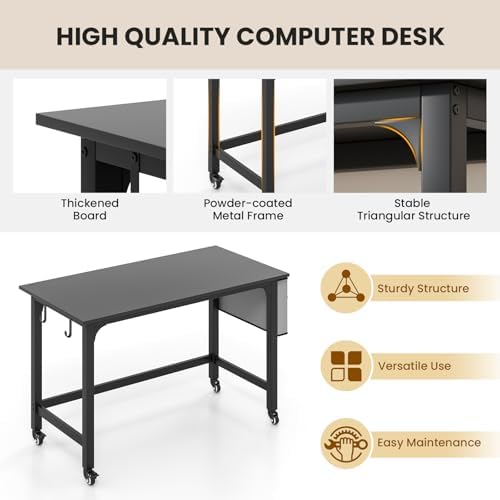 GOFLAME 4ft Conference Table, Mobile Home Office Computer Desk, Meeting Room Table w/Detachable Storage Bag & 2 Headphone Hooks, Rolling Seminar Boardroom Table on Wheels, Black - Image 4