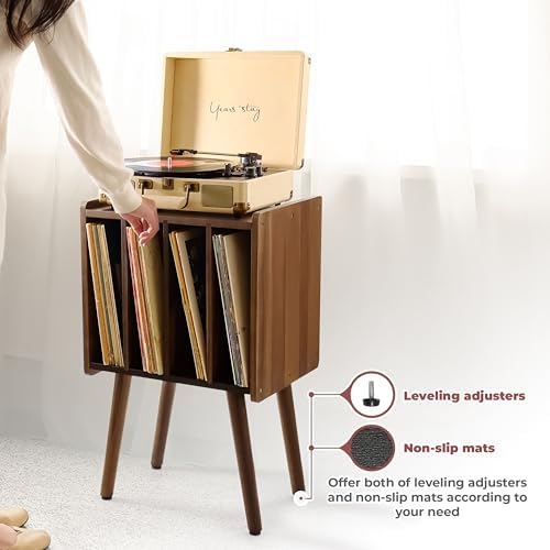2BHOME Wooden Record Player Stand, Vinyl Record Storage Holder Table with 4 Cabinets, Holds up to 100 LPs, Metal Organizer Stand, Classical Design for Files/Book (Walnut, 2 Tier) - Image 7