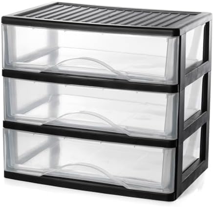 BYCY Medium 3 Drawer Plastic Clear Stacking Desktop Organizer for Office Supplies, Stackable Storage Drawers Storage Bins For Kitchen Cabinets, Pantry, Home Organization (Black, Medium 3Drawer) by BYCY