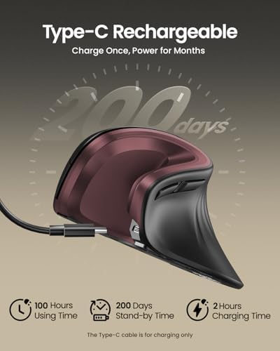 ProtoArc EM11 NL Wireless Ergonomic Vertical Mouse, Rechargeable, Wine Red - Image 3