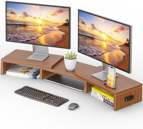 BONTEC Dual Monitor Stand Riser, Adjustable Length & Swivel Angle, Walnut by BONTEC