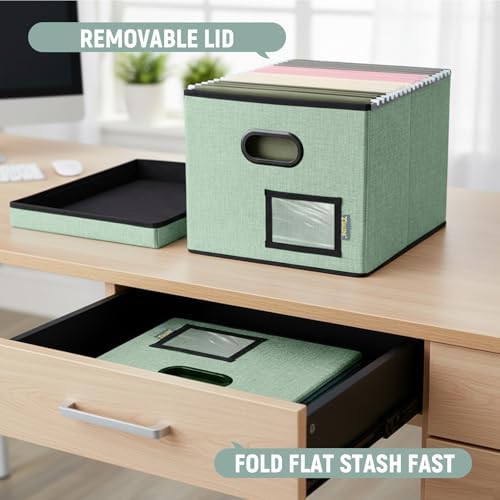 BALEINE File Organizer Box with Lid, Collapsible File Folder Organizer with Plastic Slide, Filing Box for Office Home Document Organizer Storage (Green, 2PK) - Image 5