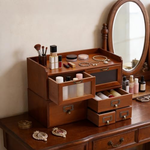 Wooden Desk Drawer Organizer Vintage Tabletop Storage Cabinet Box, 6-drawer - Image 4