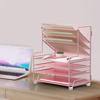 MINDEPOT 4-Tier Paper Organizer + 3-Pocket File Holder + Drawer + Pen Holders, Desktop File Organizers Paper Tray for Office Supplies School Classroom Organization (Pink, with Drawer & Pen Holder) - Image 6