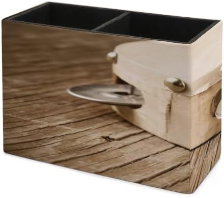 PU Leather Multi-Compartment Pen Holder Desktop Organizer Pencil Cup Storage Caddy for Office Home Supplies Closeup of A Tambourine on A Rustic Wooden Table Heavy Processing for Retro Bleached Look - Image 7
