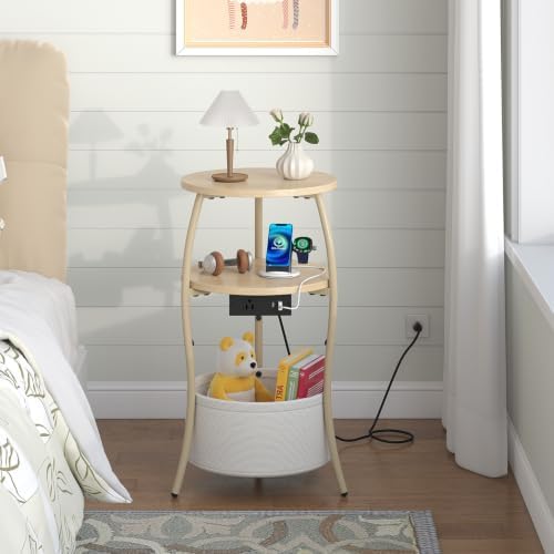 sthemc 3-Tier Small Round End Table Livingroom with Charging Station,Basket - Image 5