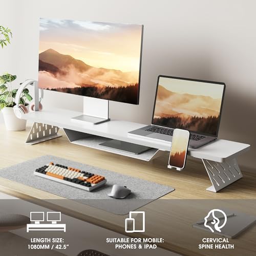 Fenge Dual Monitor Stand, Wooden Desk Shelf with Headphone & Phone Holder - Image 6