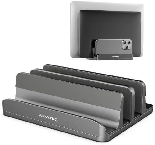AboveTEK Vertical Laptop Stand, 3 Slots Aluminum Desk Laptop Holder & Laptop Docking Station Stand for MacBook, Tablet, Phone - Universal Fit (Up to 17.3") - Heavy Duty Polished, Anti Slide - Grey by AboveTEK
