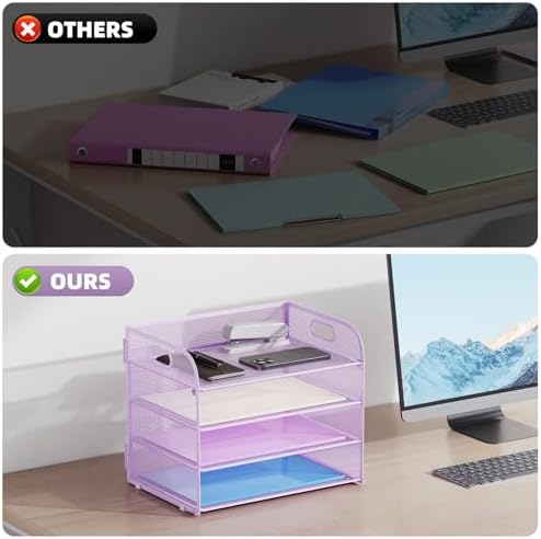 Marbrasse 2 Pack 4 Tier Paper Organizer Letter Tray - Mesh Desk File Organizer with Handle, Paper Sorter Organizer for Letter/A4 Office File Folder Holder (Purple, 12.6" x 9.1" x 10.7") - Image 2