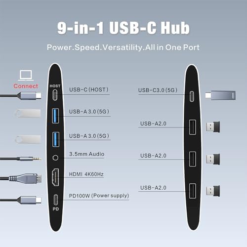 Adjustable Laptop Stand for Desk with Docking Station 9-in-1, Aluminum Laptop Riser with USB Hub, 360° Swivel, Dual Display 4K60Hz HDMI, 3 USB3.0, 100W PD Charging, for MacBook Pro Air/Dell/HP 7-15.6" - Image 3