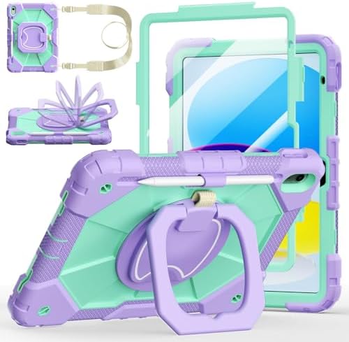 Case for iPad (A16) 11th/10th Generation 11/10.9 Inch 2025/2022, Ubearkk for iPad a16 case with Screen Protector, 360 Degree Rotating Stand Shoulder Strap Pencil Holder,Purple Mint by Ubearkk