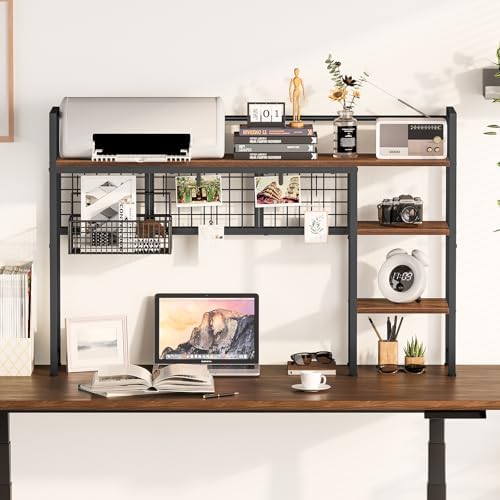 Snughome Desk Shelf, 44.9" Desktop Organizer Shelf, Desk Hutch for Computer Monitor, 4 Tier Desk Display Rack with Pegboard Hooks Set, Wood Desktop Bookshelf for Home Office Dorm - Image 4