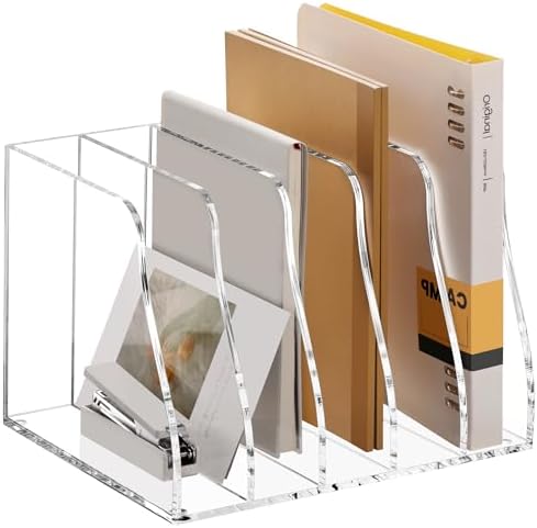 YUXUN Clear Acrylic Vertical File Organizer for Desk, 5 Compartments by AcrylicBusinessCardHold