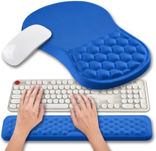 Hokafenle 2 in 1 Ergonomic Mouse Pad Wrist Support & Wrist Rest for Computer Keyboard Set, with Relieve Carpal Tunnel Pain Massage Bulge and Full Memory Gel Design (2In1 Set, Dg Blue) by Hokafenle