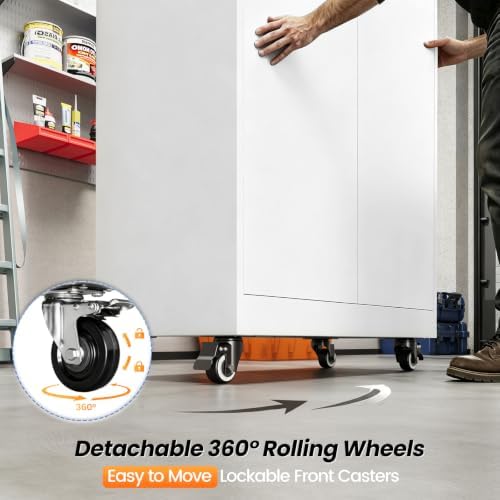 MIIIKO 75" Tall Metal Storage Cabinet with Wheels,Garage Storage Cabinets with Lock,Heavy Duty Tool Cabinets with 2 Doors and 4 Shelves for Garage,Home Office,Shop,Warehouse（White） - Image 7