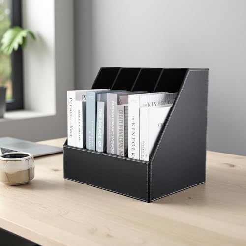 KINGFOM 4-Slot Wood Leather Document Files Holder Rack Stand Desk Files Organizer Papers Collection Cabinet (4 slot Black) - Image 7