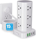 15FT Power Strip Tower Surge Protector, 12 Wide Spaced Outlets, 4 USB by Unknown