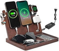 Wood Phone Docking Station with 4 USB 22.5W PD & QC3.0 Fast Charger,Nightstand Organizer for Men, Dual Phone Charging Station for iPhone Samsung Google Android,Anniversary Birthday Gifts for Men Him by JuncaiTech