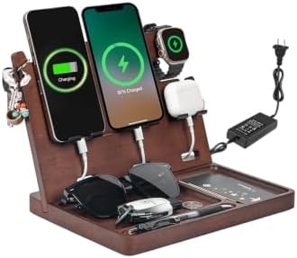 Wood Phone Docking Station with 4 USB 22.5W PD & QC3.0 Fast Charger,Nightstand Organizer for Men, Dual Phone Charging Station for iPhone Samsung Google Android,Anniversary Birthday Gifts for Men Him by JuncaiTech