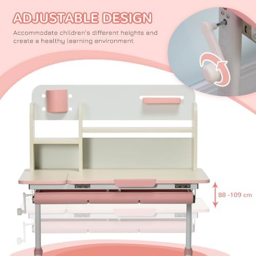 Qaba Wooden Kids Study Desk Height Adjustable Tilt Desktop Drawer Pink - Image 4