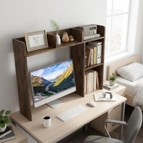 Tangkula Desktop Bookshelf, Countertop Storage Hutch with 5 Shelves for Computer Desk, 3-Tier Display Rack, Multipurpose Wood Desktop Hutch Storage Organizer for Dorm Office, Brown - Image 4