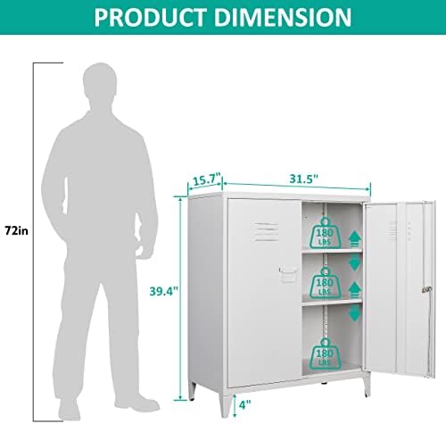 SISESOL White Metal Cabinet with Doors and Shelves,40" Metal Storage Cabinet with Lock Door Adjustable Shelf,File Cabinets for Home Office,School,Kitchen,Garage Storage Tool Cabinets - Image 3